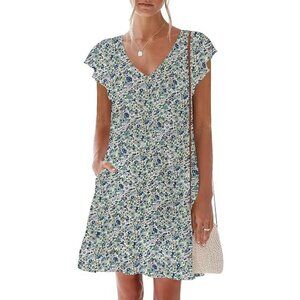 Nclook Floral Print Ruffle Sleeve V-Neck Tiered Mini Dress